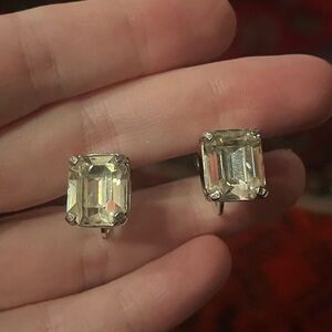Vintage Avon Silver Tone Emerald Cut Rhinestone Stud Earrings